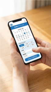 患者さんがスマホで予約する写真　神戸市灘区おおや内科の肥満外来・メディカルダイエット（JR六甲道駅近く）をスマホで予約