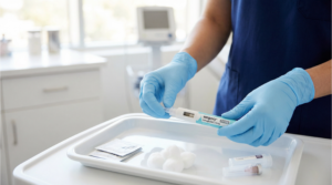 マンジャロを取り扱う看護師の写真　医師の管理下で行うGLP-1受容体作動薬などを用いたメディカルダイエット治療薬　神戸市灘区　六甲道のおおや内科